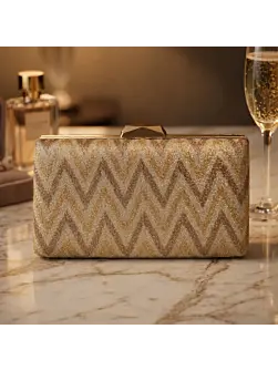 Women Elegant Gold Chevron Glitter Clutch