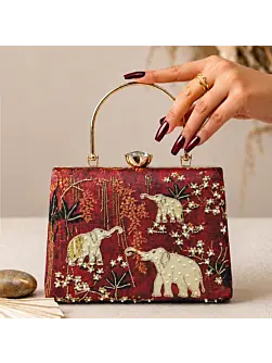 Women Crimson Elephant Garden Embroidered Clutch