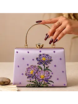 Women Lavender Floral Embroidered Clutch Bag
