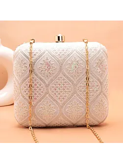 Women White Base Pink And White Threadwork Embroidery Clutch