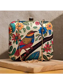 Women Beige Flower And Bird Printed Clutch