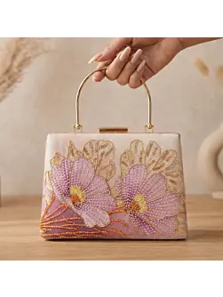 Women Printed Blush Pink Floral Beaded Clutch with Hand Embroidery
