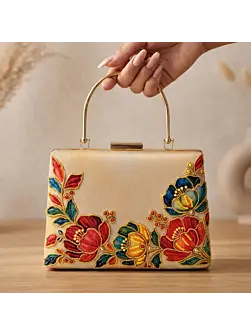 Women Printed Gold Floral Embellished Clutch with Hand Embroidery