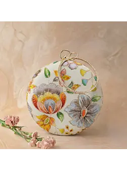 Woman Ivory Floral Round Embroidered Clutch