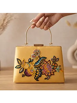 Woman Yellow Multicolor Floral Clutch with Hand Embroidery