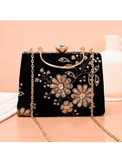 Women Black Base Floral Sequins Embroidery Ethnic Clutch