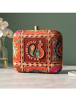 Woman Royal Red Heritage Peacock Embroidered Clutch
