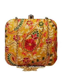 Women Yellow Multicolor Threadwork Embroidery Clutch