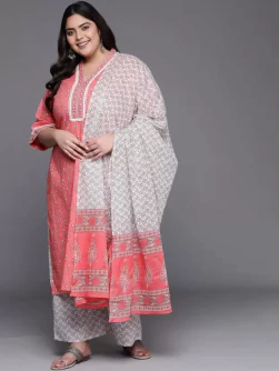 Women Plus Size Pink Printed Cotton Kurta with Palazzos & With Dupatta