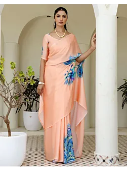 Handsfree Light Peach Satin Printed Saree