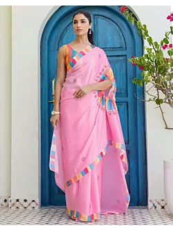 Handsfree Light Pink Satin Printed Sare