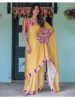 Handsfree Mustard Yellow Satin Printed Saree