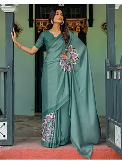 Handsfree Dusty Teal Green Satin Printed Saree