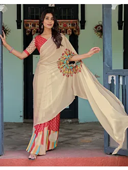 Handsfree Off White Satin Printed Saree