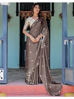 Handsfree Dark Brown Satin Printed Saree