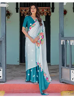 Handsfree Sky Blue Satin Floral Printed Saree