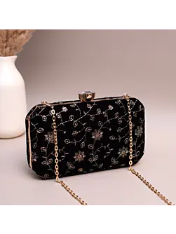 Women Black Based Golden Floral Sequins Embroidery Clutch