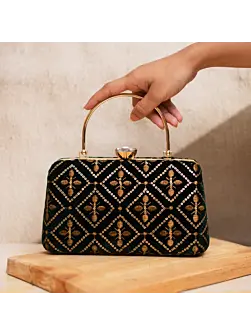 Women Black Embroidered Party Clutch