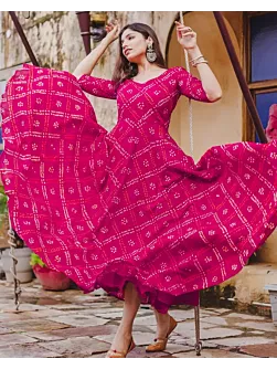 Women Printed Viscose Rayon Pink  Long Anarkali Kurta  