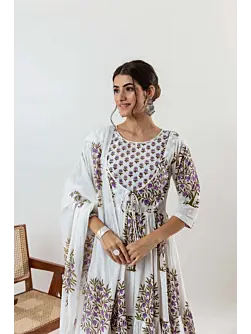 Women's Plus Size White Cotton Block Print Anarkali Salwar Kameez, Indian Curvy Fashion