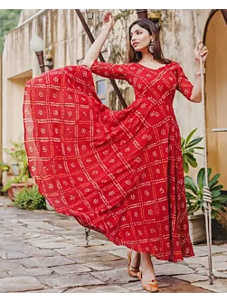 Women Printed Viscose Rayon Red Anarkali Kurta 