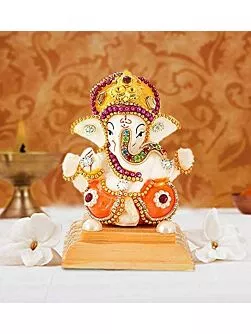 White Stone (Resin) God Ganesha with Rosewooden Base Car Dashboard Decor Statue | Hindu Idol God Ganesh Ganpati Decor Sculpture