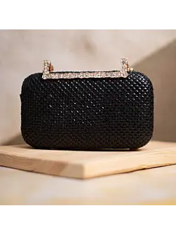 Women Black Sequins Fabric Party Clutch