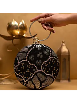 Women Black And Golden Round Embroidery Clutch
