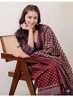 Women's Plus Size Rayon Printed Anarkali Maroon Kurta and Pant with Dupatta Set