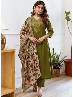 Women's Plus Size Embroidered Straight Kurta and Pant Set with Dupatta