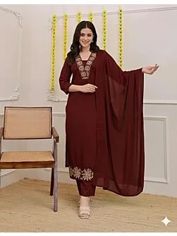 Women's Plus Size Rayon Maroon Solid Embroidery Kurta and pant set With Dupatta