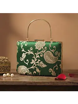 Woman Emerald Green Gold Embroidered Clutch