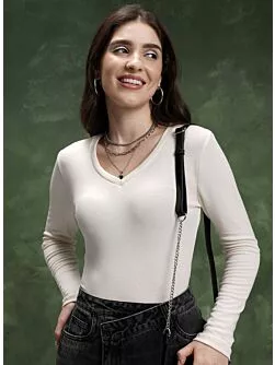 Women Off White V Neck Fitted Top