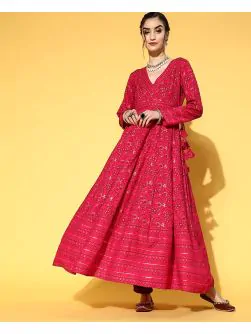 Womens Rayon Gold Print Anarkali Kurta (Pink)