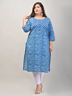 Women Floral Print Plus Size Cotton Straight Kurta (Blue)