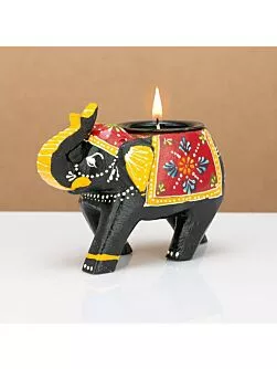 Home Decor Handcrafted and Hand-Painted Colorful Wooden Elephant Tea Light Holder