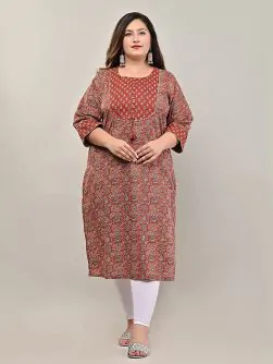 Women Cotton Floral Print Plus Size Straight Kurta (Maroon)