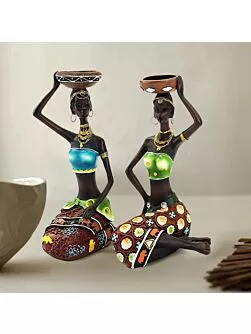 Hand Crafted Home Decor Sitting African Tribal Women with Candle Holder Art Piece