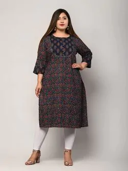 Women Floral Print Pure Cotton Plus Size Straight Kurta (Dark Blue)