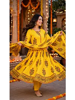 Women Pure Cotton Plus Size Kurta Pant Set with Dupatta,Yellow Floral Print Kurta Sets 