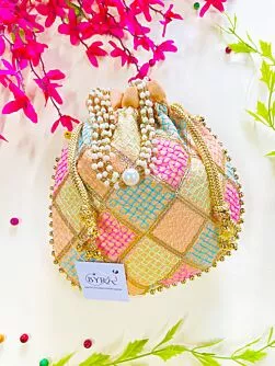 Multicolor Thread Embroidered Peach Potli for Women
