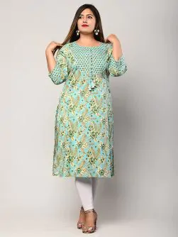 Women Floral Printed Pure Cotton Plus Size Straight Kurta (Green)