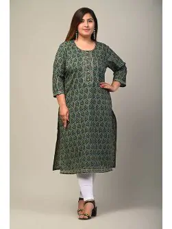 Women Floral Print Cotton Plus Size Straight Kurta (Green)