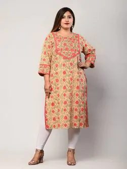 Mirror Work Printed Pure Cotton Women Plus Size Peach Straight Kurta