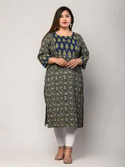 Women Pure Cotton Plus Size Straight Kurta with Floral Print (Blue)