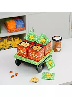 Wooden Hand Painted Rectangular Dry Fruit Storage Trolley Box Showpiece