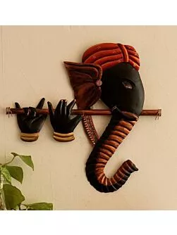 Metal Wrought Iron Lord Ganesha Playing Flute Wall Hanging Sculpture Decorative Religious Showpiece For Home Wall Decor