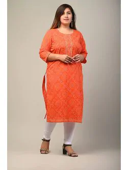 Women Floral Print Cotton Plus Size Straight Kurta (Orange)