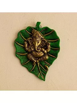 Metal Golden Lord Ganesha on Green Leaf Wall Hanging Sculpture