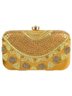 Women Embroidered Golden Box Clutch Bag Purse for Bridal 